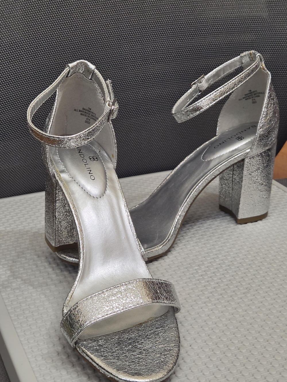 Bandolino Silver Metallic Block Heel Ankle Strap Sandals